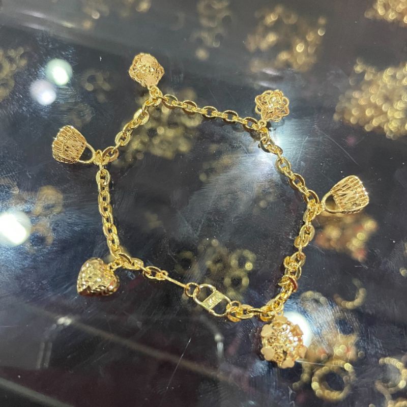 Gelang rantai tangan anak dan dewasa emas asli kadar 700 70% 16k 22 karat model holo Hermess charm gantung gold rose