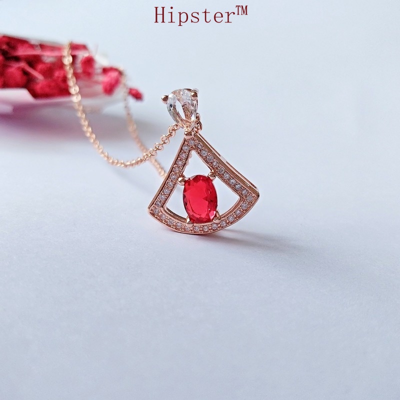 Retro Graceful Personality Fan-Shaped Ruby Pendant Full Diamond Light Luxury Hollow Necklace