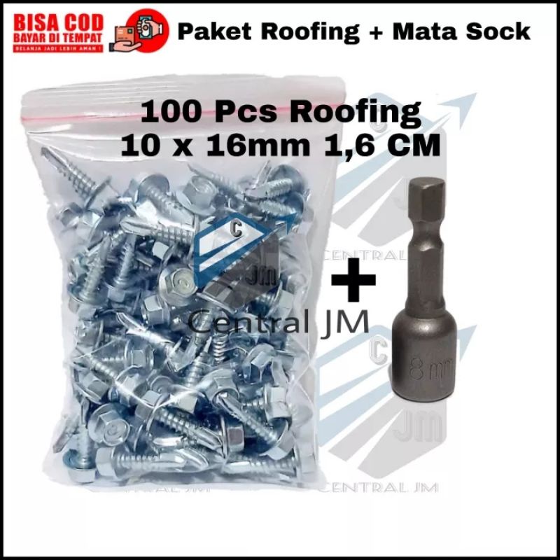 Baut Baja Ringan Roofing 1 Pack [ 100 Pcs ] Ukuran 10 x 16mm - Mata sok Kepala Bor Rufing Baut Sekru