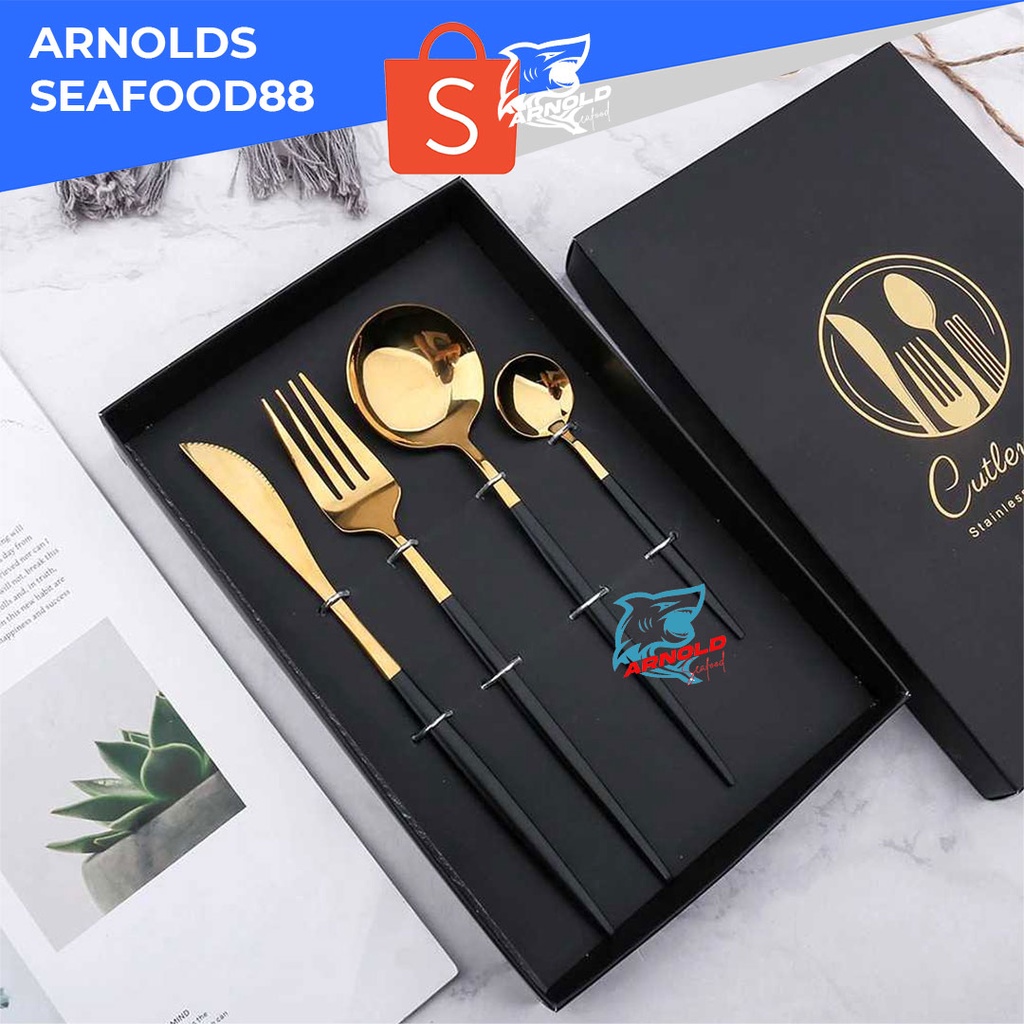 Cutlery Set Alat Makan Sendok Korea Lengkap Mewah Gold Dengan Kotak