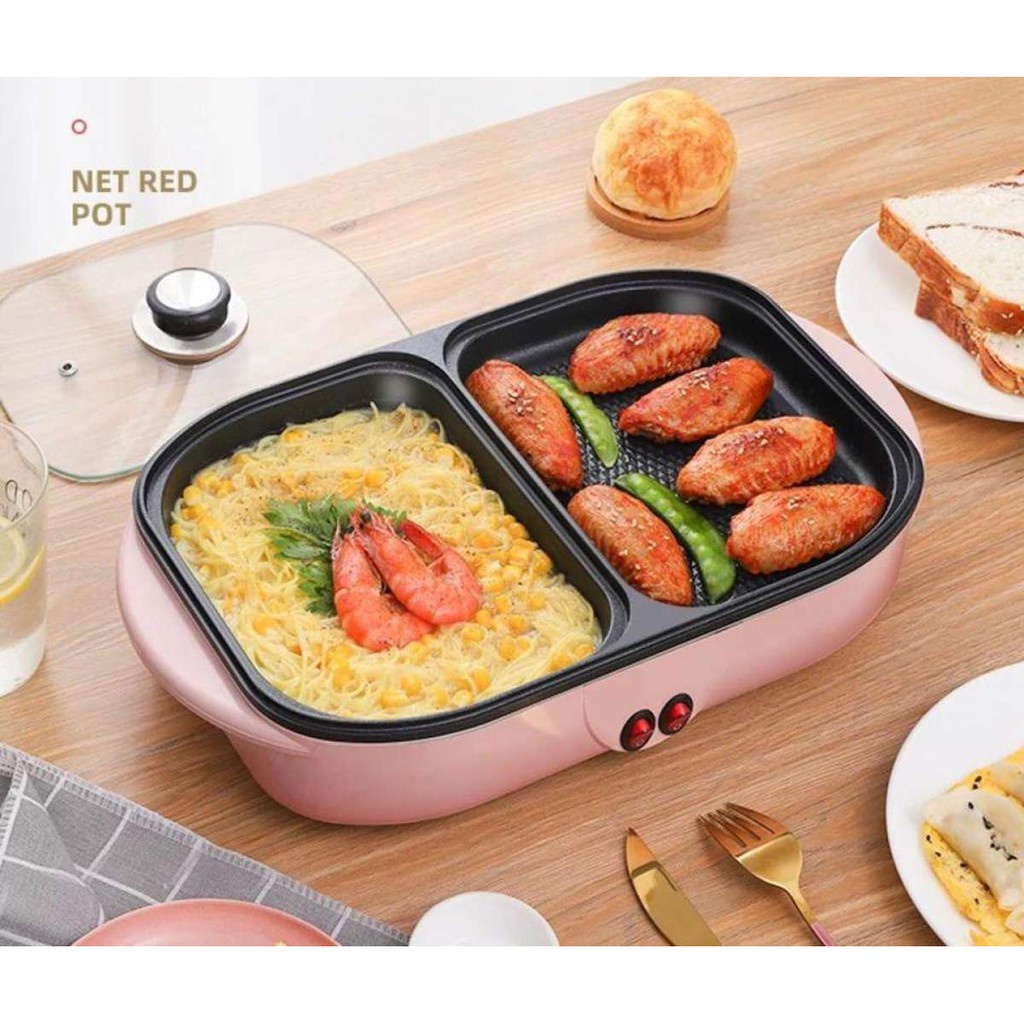 Multifungsi Elektrik Grill Fan Dan Hot Pot 2IN1 Mini Steambot BBQ Shabu-Shabu Multi-Function Set Non Stick Pot Panggangan Cook Fry Tahan Panas