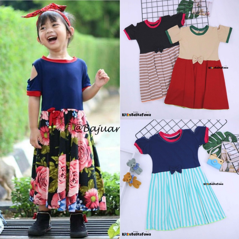 Dress Sabrina uk 6-7 Tahun / Baju Anak Perempuan Lengan Pendek Gaun Pesta Cewek Harian Murah Babycinnamon