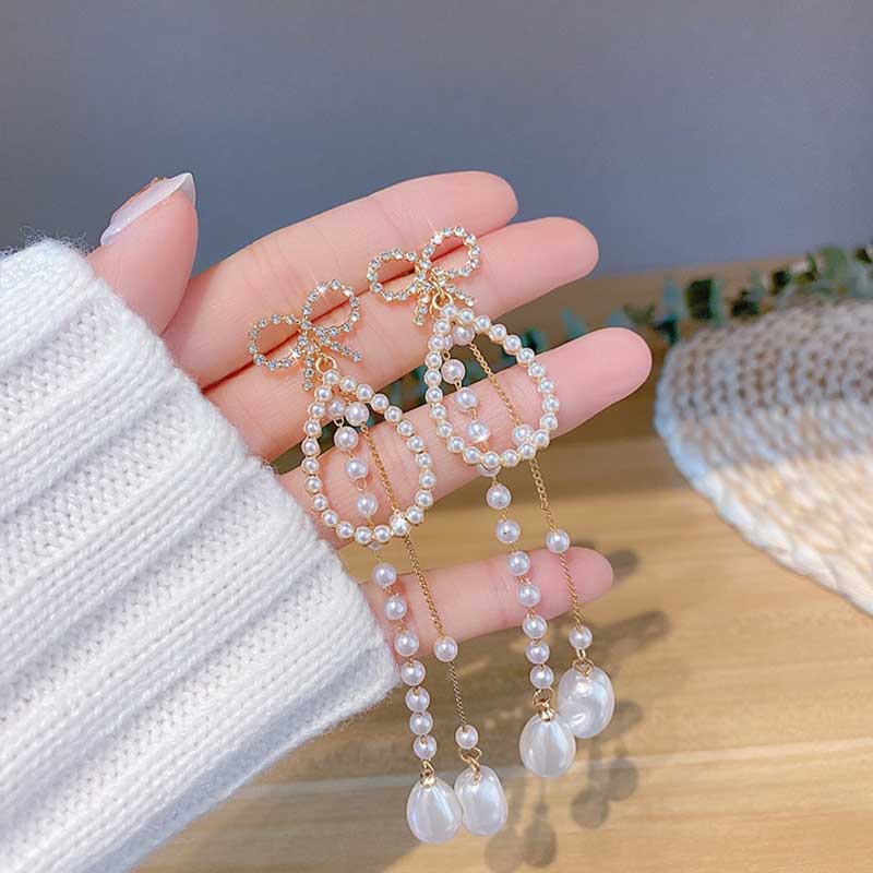 XiaoboACC Anting Tusuk Gantung Bahan Sterling Silver 925 Desain Pita + Mutiara Gaya Korea Untuk Wanita