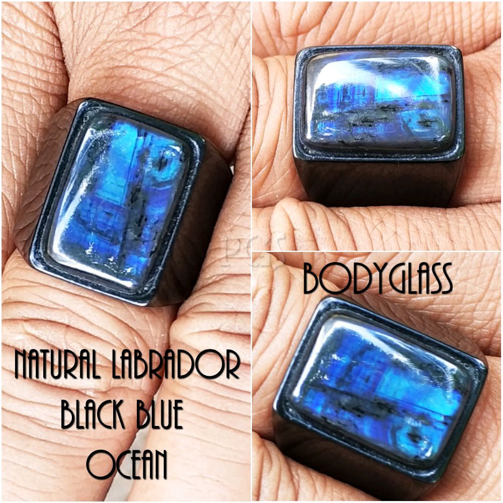 CINCIN LABRADOR BLACK BLUE NIGHT FELDSPAR OCTAGON BIRU BODYGLAS ASLI NATURAL