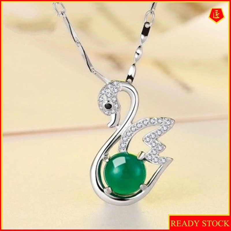 [Ready Stock]Crystal Swan Necklace Women's Platinum Green Chalcedony Pendant Korean Simple Elegant