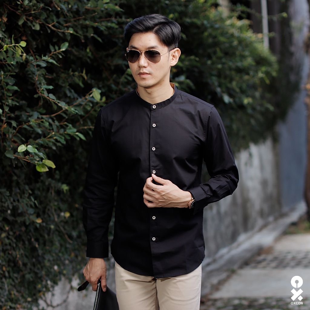 Kemeja tangan panjang pria koko hitam Suede OXCON collarless shirt black