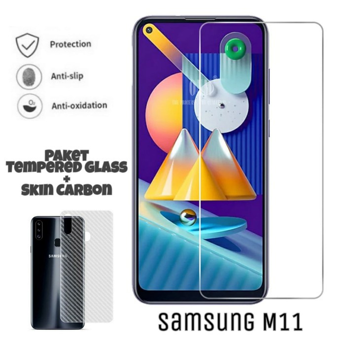 Tempered Glass SAMSUNG M11 Paket Back Skin Carbon Handphone Garskin Transparant