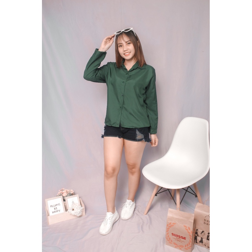 RX Fashion - KEMEJA AUREL / KEMEJA BASIC Wanita Polos lengan panjang Tangan Skoder / Lumina Basic / Kemeja Dian / Kemeja Polos /  -R3-hijau botol