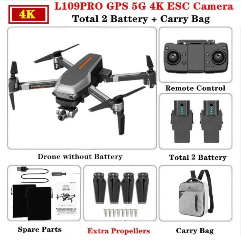 L109 Pro Drone GPS HD 4K Kamera 2-Axis Anti-Shake Gimbal Kamera 5G (Include 2 Baterai & Box)