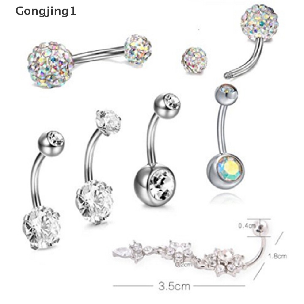 Gongjing1 7PCS / Set Cincin Tindik Perut / Pusar Bahan Stainless Steel Hias Kristal Untuk Wanita