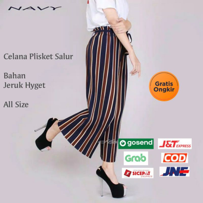 Celana kulot panjang - celana plisket salur wanita celana salur pinggang tali celana kerja wanita