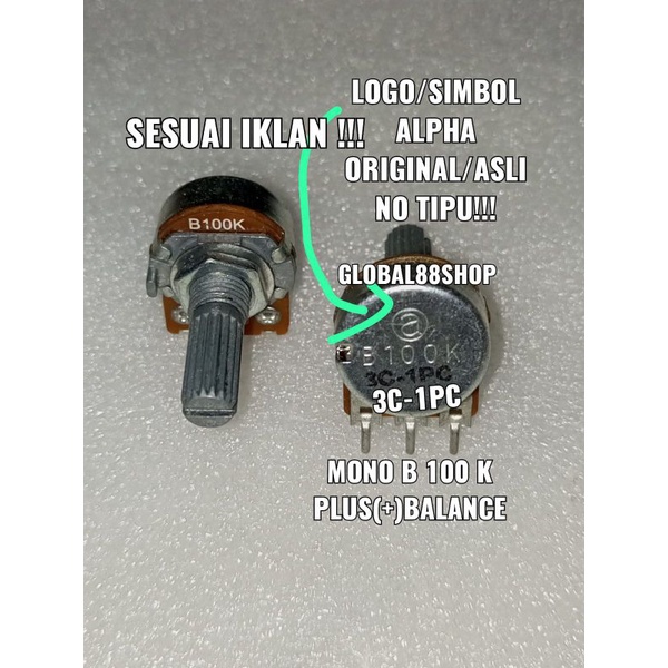 POTENSIO MONO B100K B 100 K MONO PLUS BALANCE ALPHA ORIGINAL
