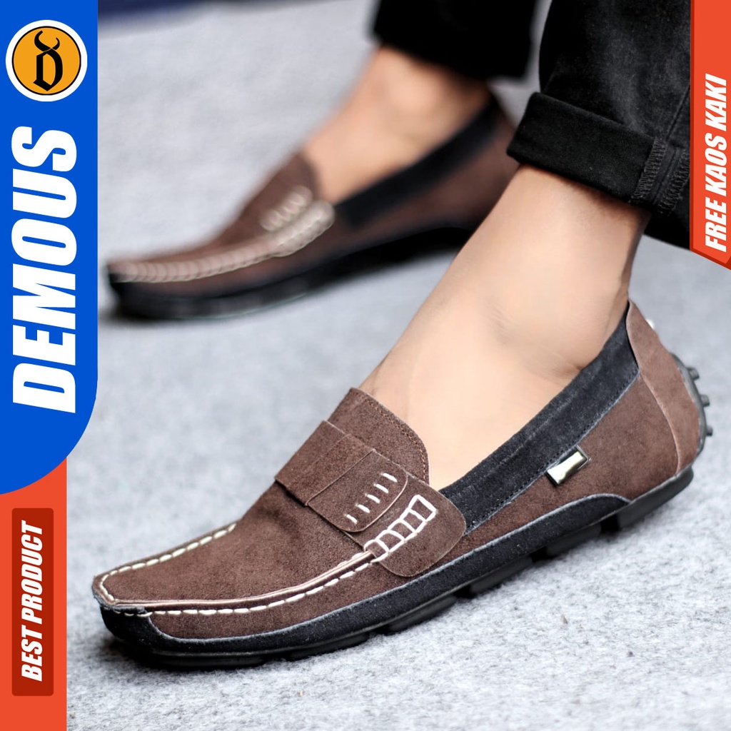 DEMOUS AHARON Sepatu Slip On Casual Slop Kulit Suede Kasual Selop