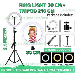 Paket Komplit Ringlight 30cm + Tripod 2,1 Meter Make Up Vlog Lampu Ringlight