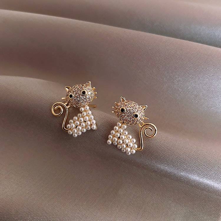 Kucing mutiara anting Sterling anting-anting Perak Needle Baru Fashion anting-anting wanita Korea an