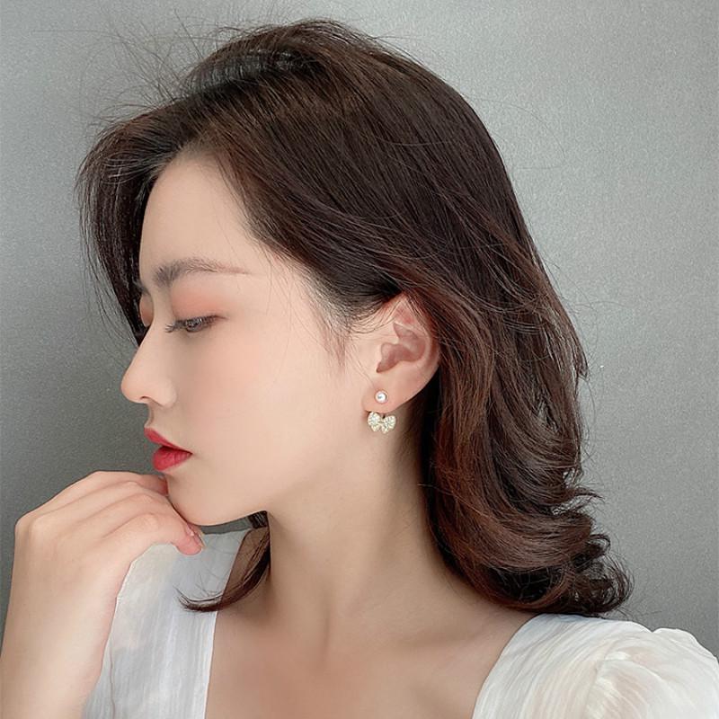 Ig Anting Tusuk Silver S925 Bentuk Pita Aksen Mutiara+Berlian Imitasi Untuk Perhiasan Wanita