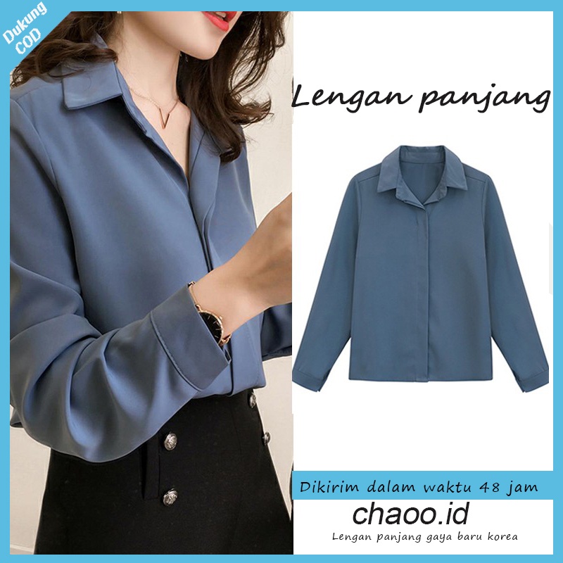 Versi Korea sederhana kemeja Lengan panjang wanita Atasan sifon Warna solid Tipis longgar