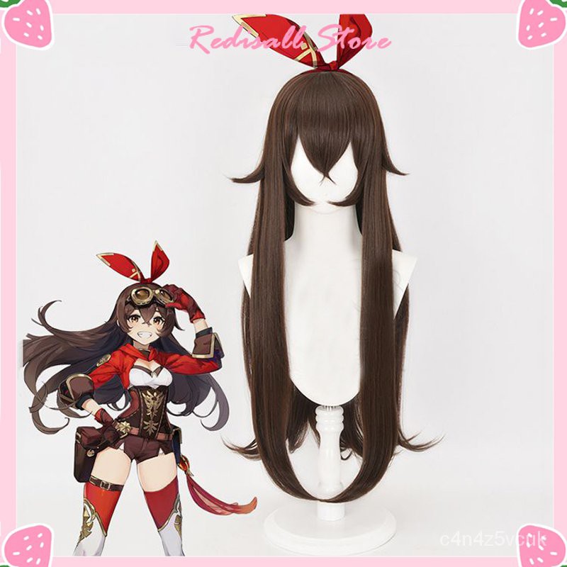 Genshin Impact Cosplay Amber Wig 90cm Synthetic Hair Light Brown Straight Heat Resisatnt Halloween A