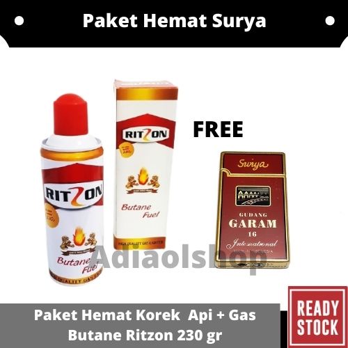 Paket Hemat Korek Api Bara Surya + Gas Butane Ritzon 230gr