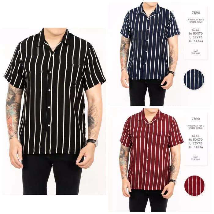 Kemeja stripe pria lengan pendek motif garis salur baju cowok - Merah, M