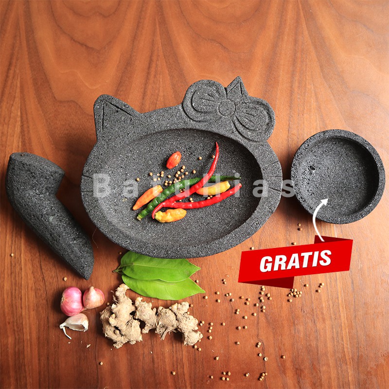 ( Ukuran Sedang ) Cobek Layah Coet dan Ulekan Munthu Uleg Ulegan Batu Lava Merapi