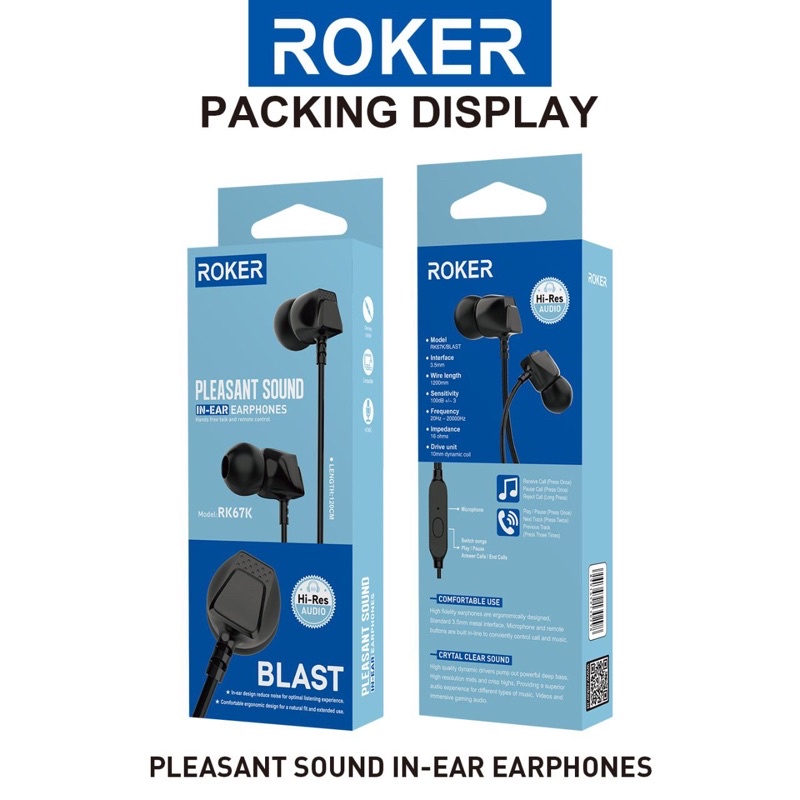 EARPHONE HEADSET HANDSFREE ROKER RK67K BLAST EXTRABASS