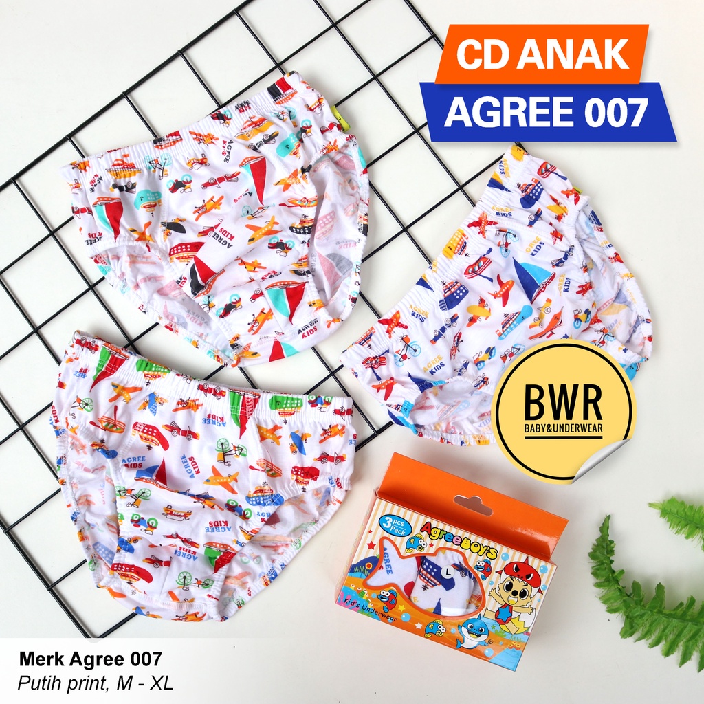 [ 3pc ] AGREE | CD Agree Kids 007 Putih Motif | Celana Dalam Anak Lembut Karet Kerut Box Orange