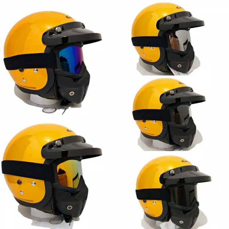 Helm Bogo Cargloss Retro Original Kuning Glossy set Goggle Mask