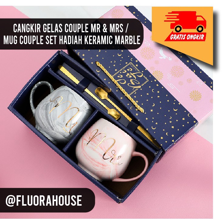 CANGKIR GELAS COUPLE MR & MRS / MUG COUPLE SET HADIAH KERAMIC MARBLE