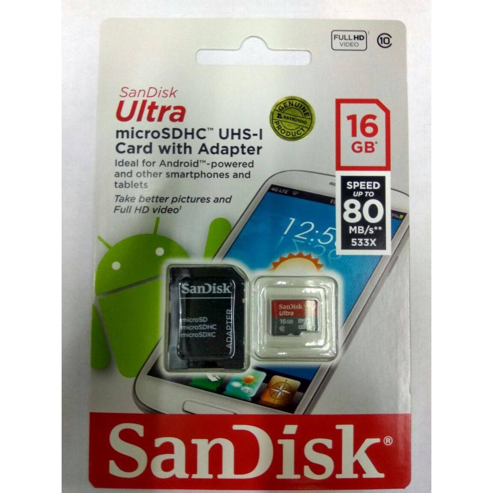 SANDISK ULTRA MICRO SD / SDHC 16GB SPEED 80MBPS CLASS 10 UHS-1