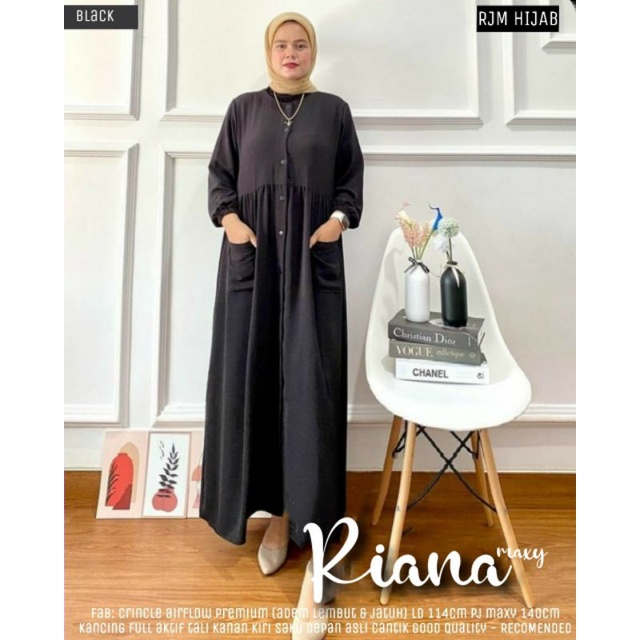 Riana dress gamis crinkle full kancing saku depan LD 115 XL