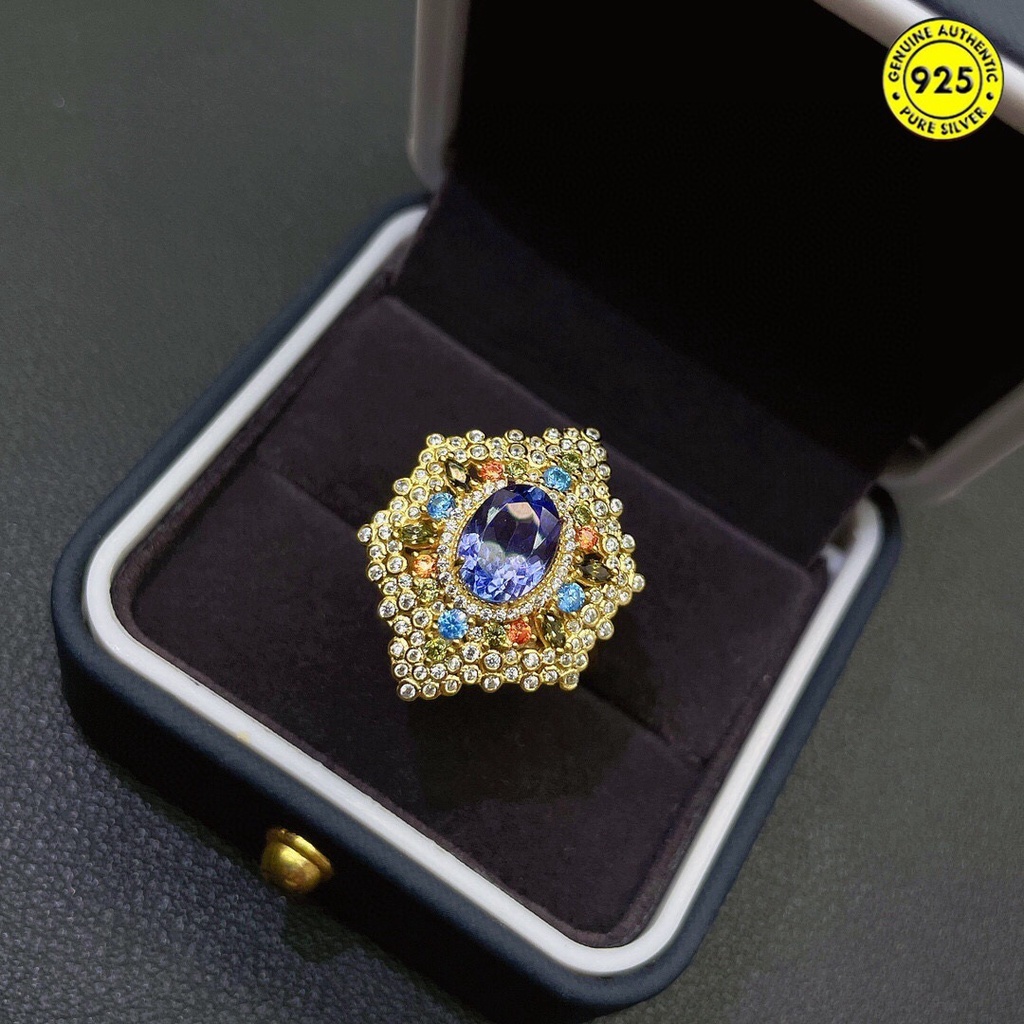 Cincin Model Terbuka Hias Batu Permata Tanzanite Ukuran Besar Gaya Mewah