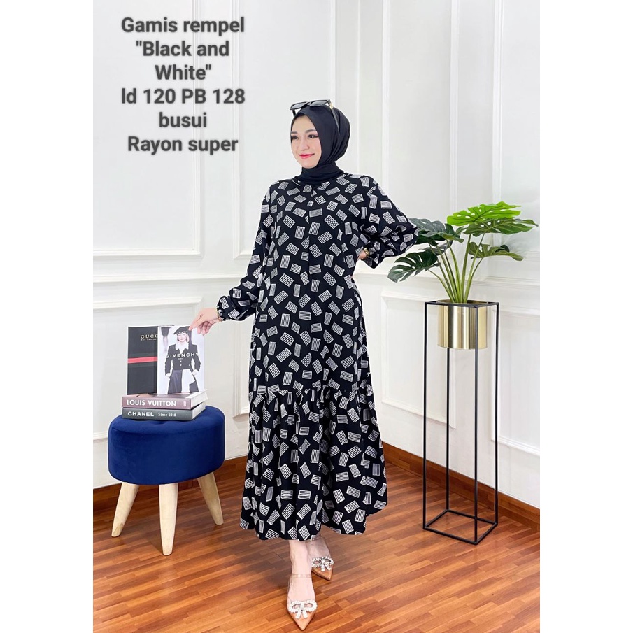 GAMIS RAYON PREMIUM MALAMAN BLACK WHITE JUMBO RESLETING DEPAN DRESS WANITA SYARI BATIK CAP PEKALONGAN