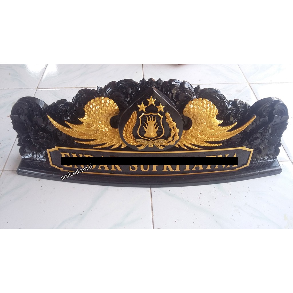 Papan nama Name plate Kayu ukiran bali lambang tribrata polisi