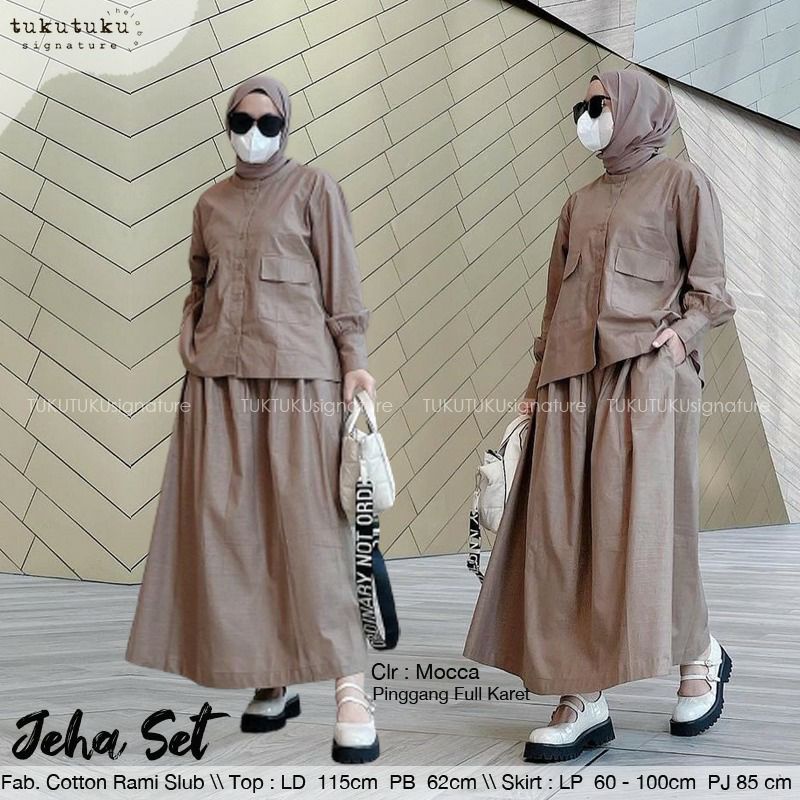 Mocca Jeha Setelan Rok + Tunik Kemeja Jumbo Ld 114 M-XXL One Set Polos Katun Linen By Tuku tuku