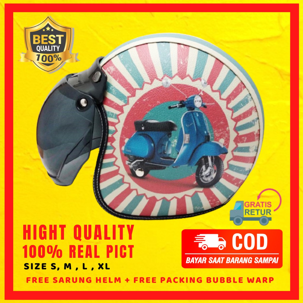 Helm Bogo Skuter Vespa Klasik Full Kulit Half Face Custom Polos Dewasa Cowok Cewek Anak Ori Datar