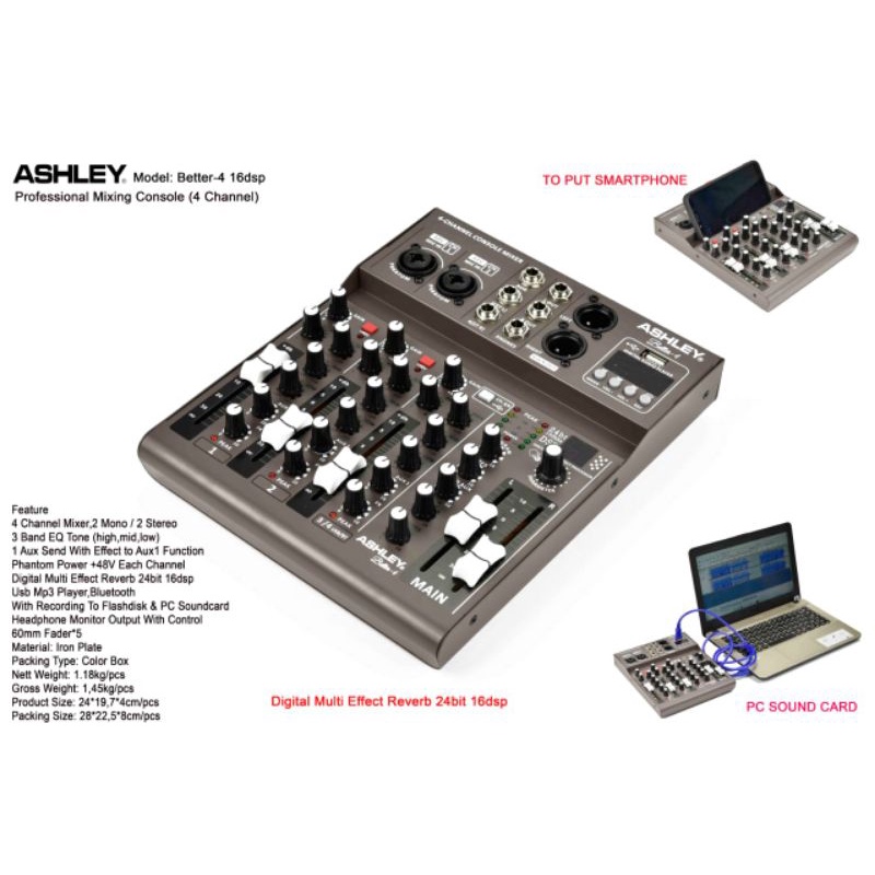 Mixer audio Ashley Better 4 chanel bloututh efek reverb 16 dsp original
