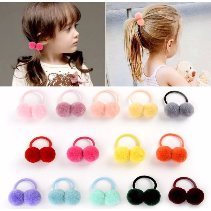 4pcs !! Ikat Rambut Elastis Pompom - Kunciran anak - anak - Ikat Rambut Lucu