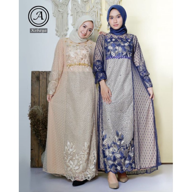 Gamis Asyifa , Tille Full Bordir Two Tone , Combi Tile Dot , Fashion Muslim Terbaru , Free Masker.