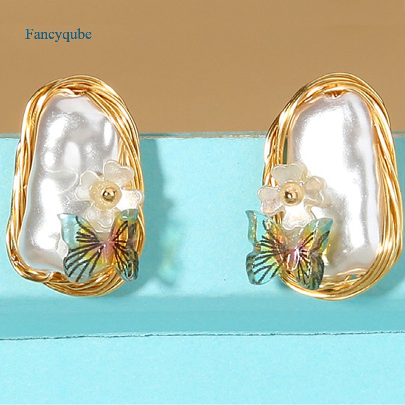 Fancyqube Huge South Sea Natural White Baroque Pearl Earrings Gold Dangle Butterfly Earrings Clips