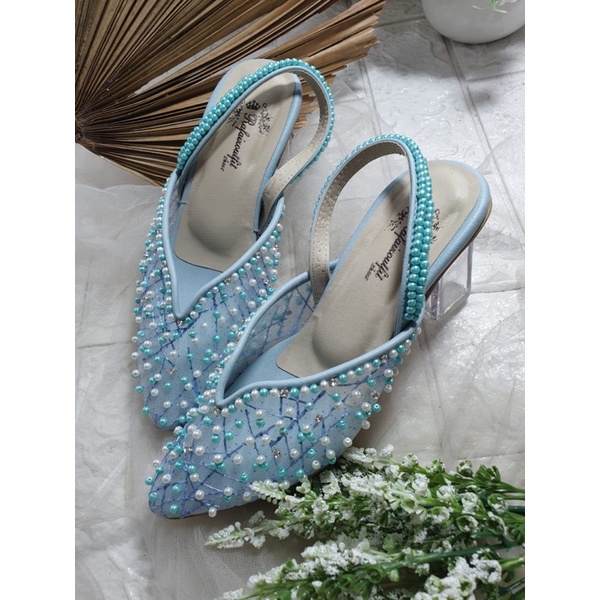 sepatu yasmika babyblue tali dipayet 7cm kaca