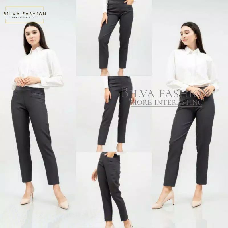 Celana Bahan Kerja Kantor Formal Wanita Pinggang Karet Highwaist Bahan Stretch Melar