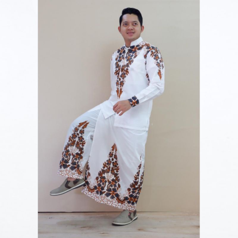 Fashion Muslim Baju Koko Setelan Sarung Celana Batik Katun Premium Halus Kemeja Cowok Lengan Panjang