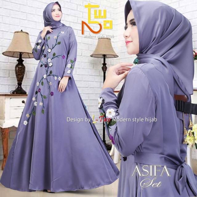 ASIFA Set By L Two Towe Hijab Original Design - Gamis Abaya Pesta Cavali Silk Polos Mewah Simple