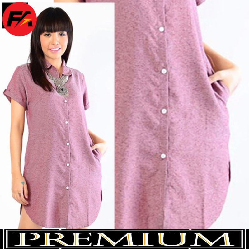 Tunik Basic Tangan Pendek / Dress Kemeja Polos Trendy Arumi FA - Fuchsia M