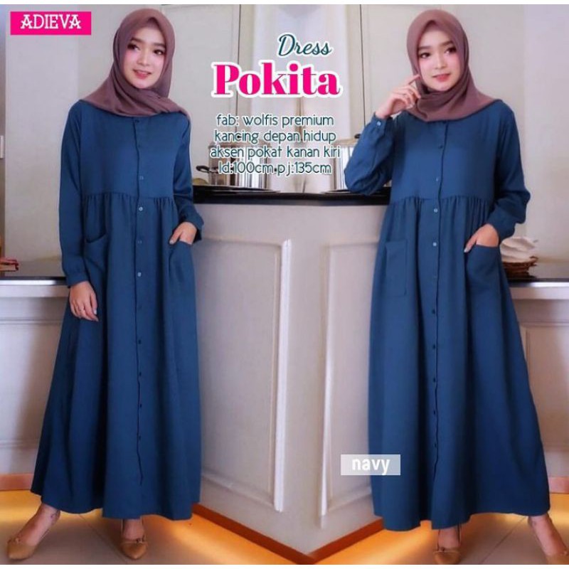 Baju Gamis Wanita Remaja Murah NB /XL Letsmuslimah Cewek Muslim Hijab Syari Muslimah 2022 Terbaru Lt-POKITA NAVY