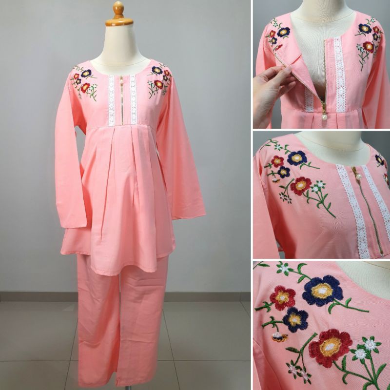 Setelan Hamil Baju Celana Hamil zipper Flower
