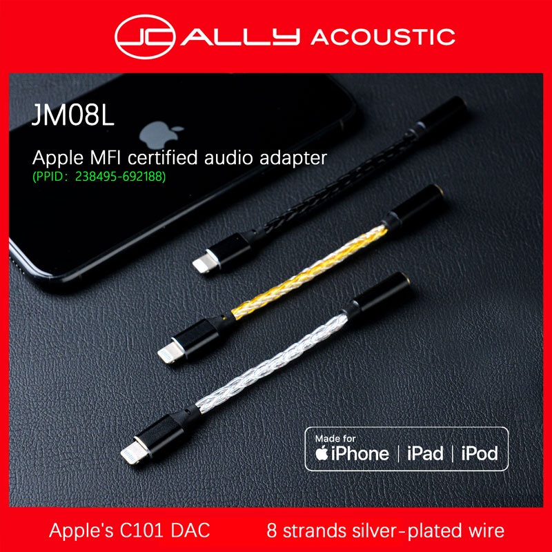 Jcally JM08L Kabel Adapter Earphone HiFi 3.5mm Ke lighting C101 DAC 8 Lapis Silver Untuk ios