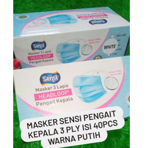 SENSI Masker 3 ply headloop WHITE isi 40pcs original / Masker Sensi hijab warna PUTIH