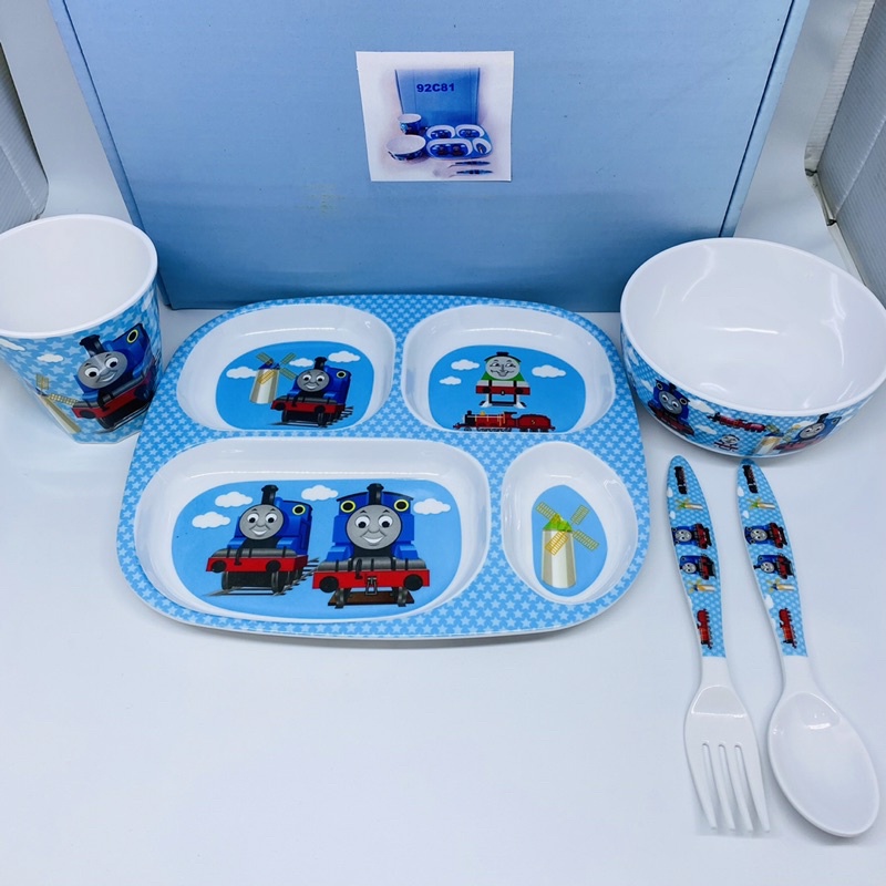 set alat makan anak bayi melamin piring sekat 4 mangkok gelas sendok garpu thomas and friends minion